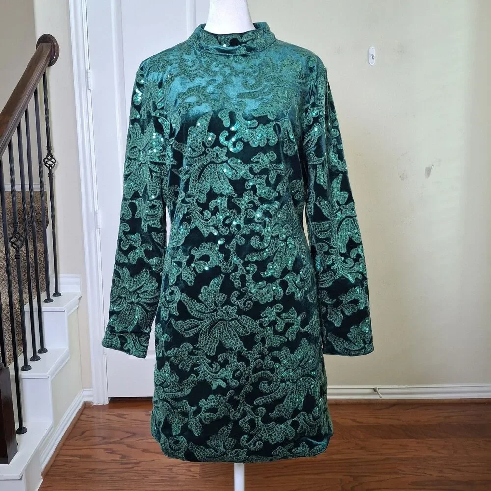 VENUS Velvet Sequin Mini Dress Green Women 10 Cocktail Holiday Christmas Party